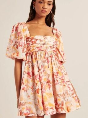 Abercrombie & Fitch Floral Puff-Sleeve Mini Dress in Pink & Yellow